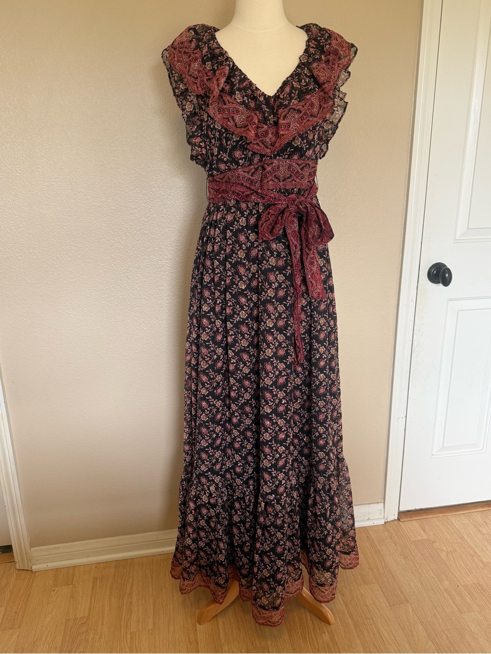 Mango Black Maxi Dress with Mauve Floral Print